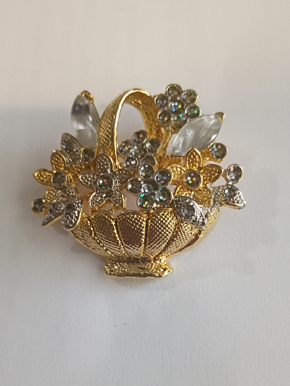 Gold Floral Basket Brooch with Clear Crystal Accents - Women Jewelry